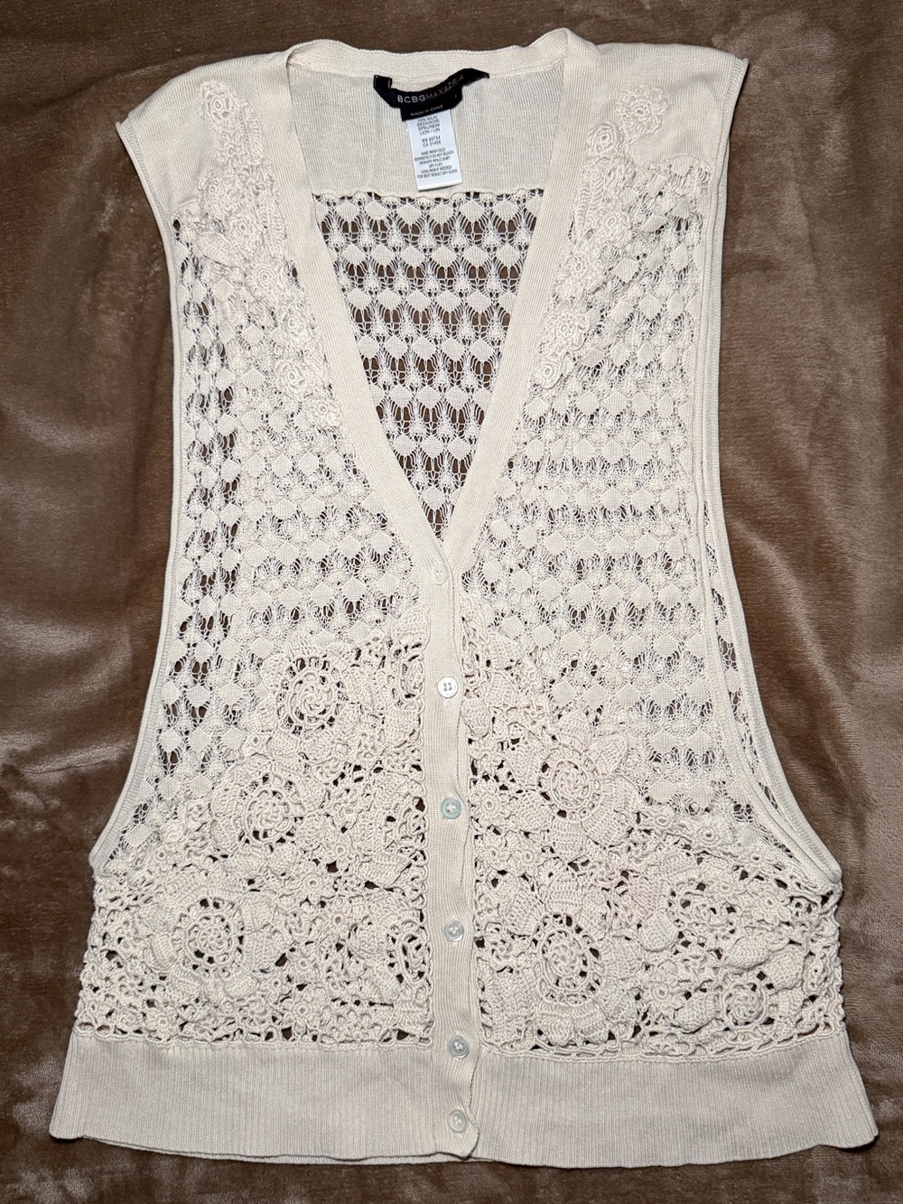 BCBGMaxAzria Boho Cream Crochet Lace Sleeveless Vest Silk Linen Size L